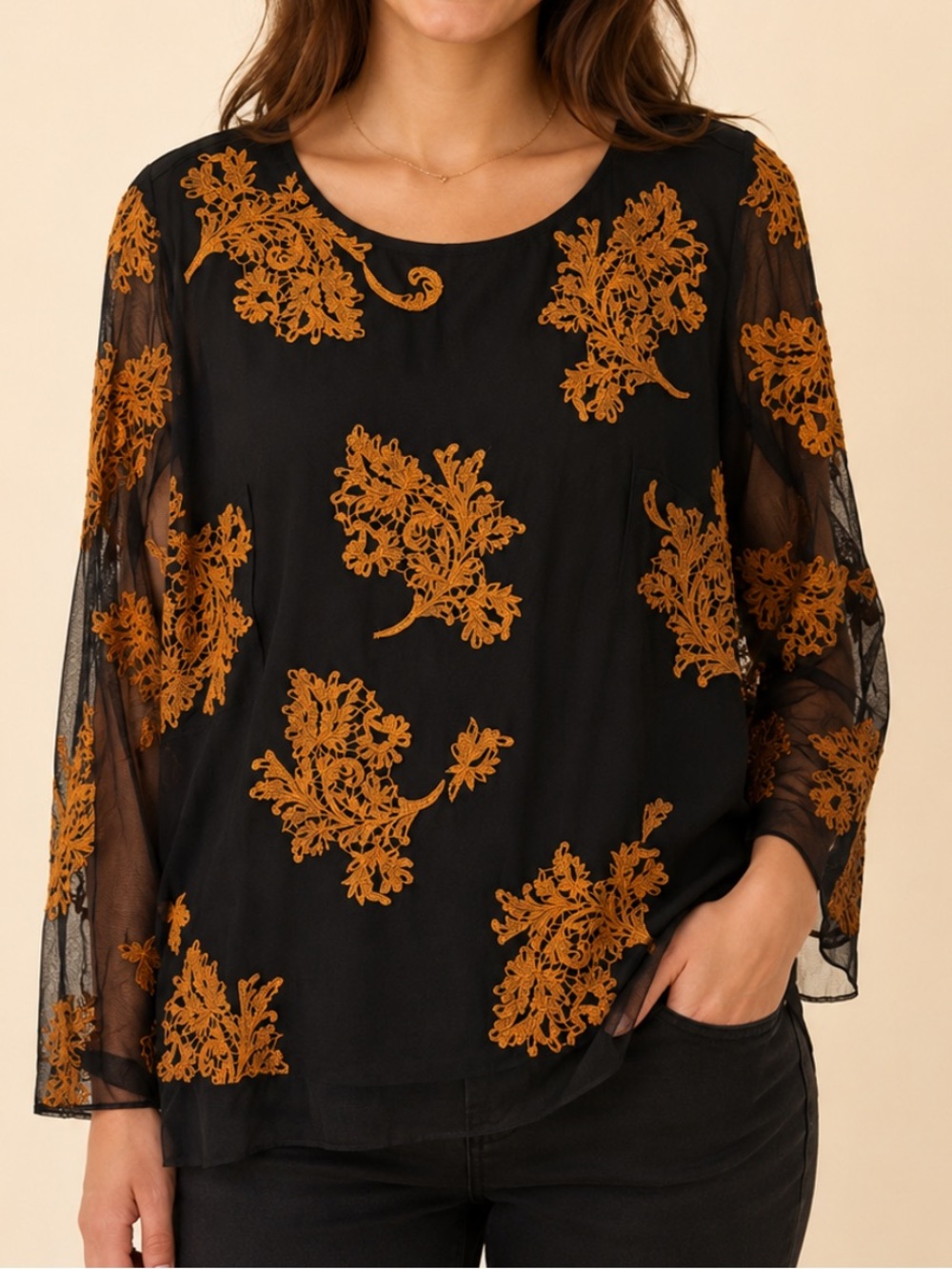 Sundance Sheer Mesh Embroidered Floral  Black Orange Boho Romantic Top Size L